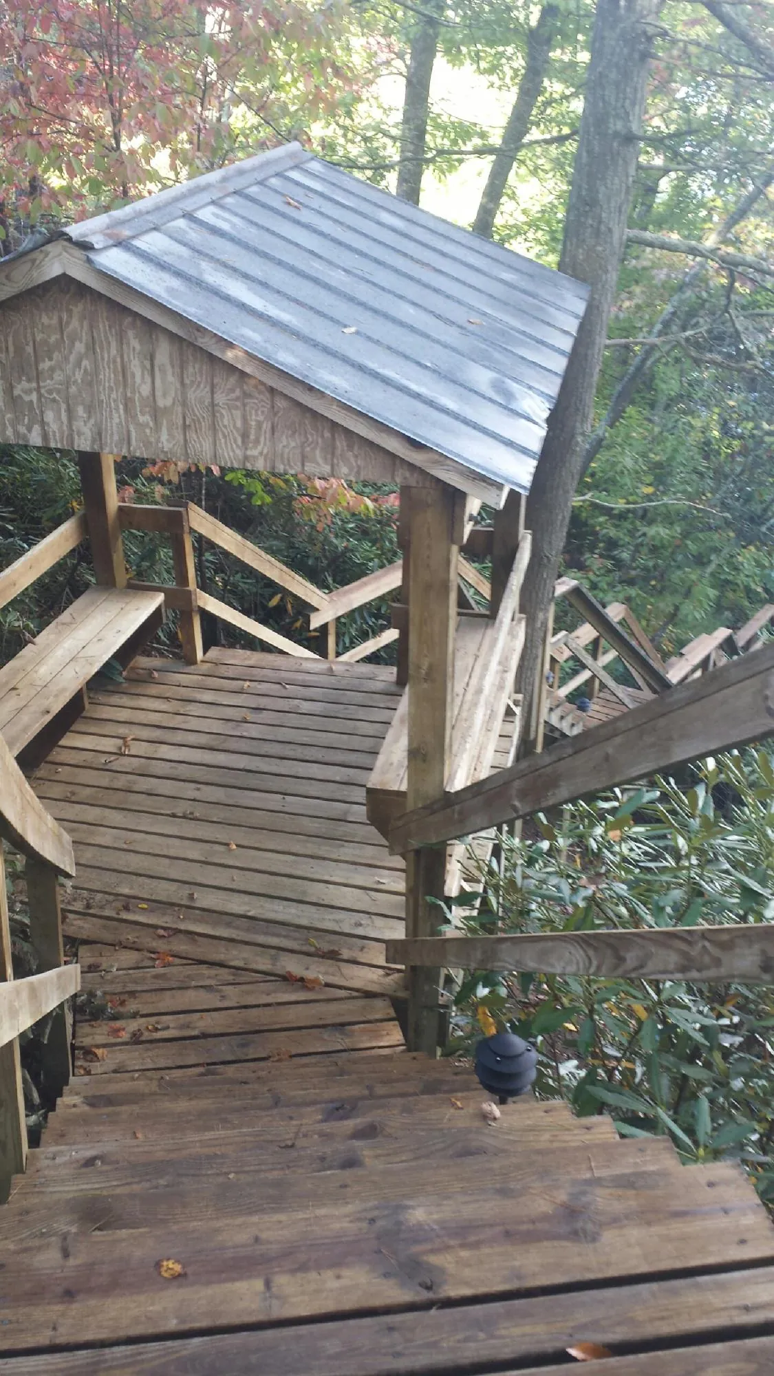 Metal roofed shelter over wooden steps on a wooded walkway — Skylight Repair & Installation work by our crew in Ovando